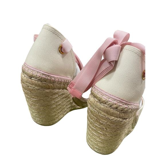 Gucci GG Espadrille Ribbon Tie Canvas Pink Wedge White 38.5 - Picture 4 of 9